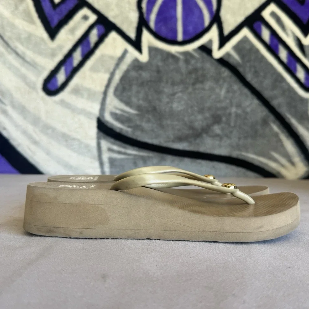 Size 8 - Tory Burch Sandal Tan Platfrom Thong Flip Flop Slide Logo Shoe